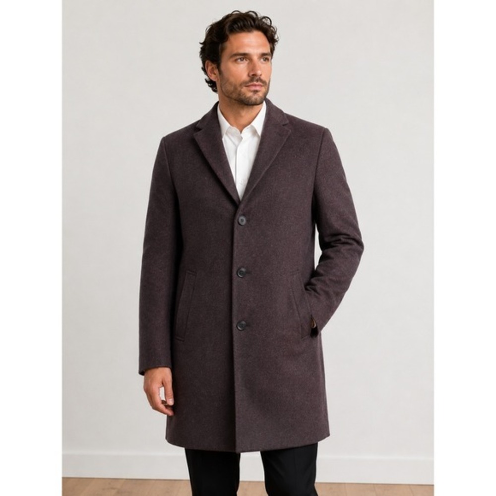 Calvin Klein Mens Slim Fit Wool Blend Overcoat Black Burgundy Plum 40S
